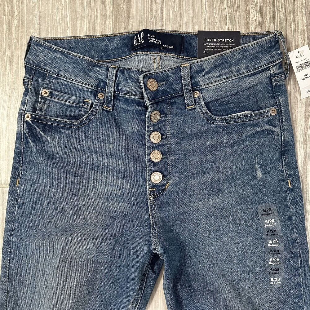 Gap high rise Skinny jean distressed button fly size 28/6 Reg Mid Wash NWT Denim